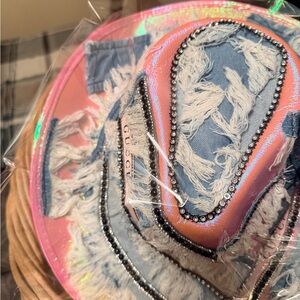 Pink and Blue Frayed Denim Hat